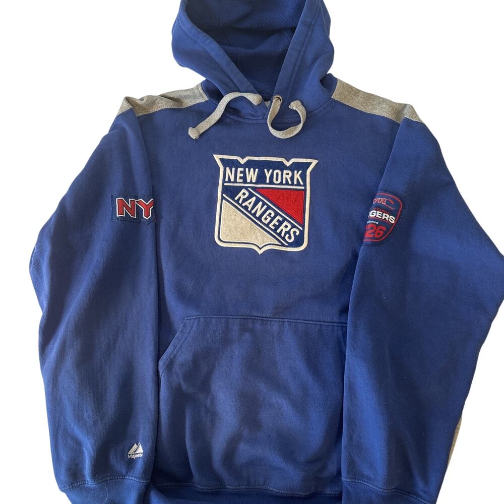 Majestic New York Rangers Hood men's L Blue NHL Pullover NYR Patch Logo